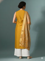 Thumbnail for Myshka Women Yellow Sleeveless Kurta, White Palazzo with Printed Organza Dupatta - Distacart