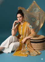 Thumbnail for Myshka Women Yellow Sleeveless Kurta, White Palazzo with Printed Organza Dupatta - Distacart