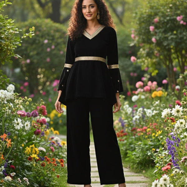 Myshka Women Black Velvet Peplum Top with Belt & Trouser Co-ord Set - Distacart
