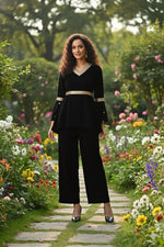 Thumbnail for Myshka Women Black Velvet Peplum Top with Belt & Trouser Co-ord Set - Distacart