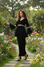 Thumbnail for Myshka Women Black Velvet Peplum Top with Belt & Trouser Co-ord Set - Distacart