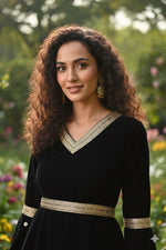 Thumbnail for Myshka Women Black Velvet Peplum Top with Belt & Trouser Co-ord Set - Distacart