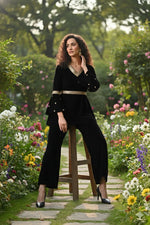 Thumbnail for Myshka Women Black Velvet Peplum Top with Belt & Trouser Co-ord Set - Distacart