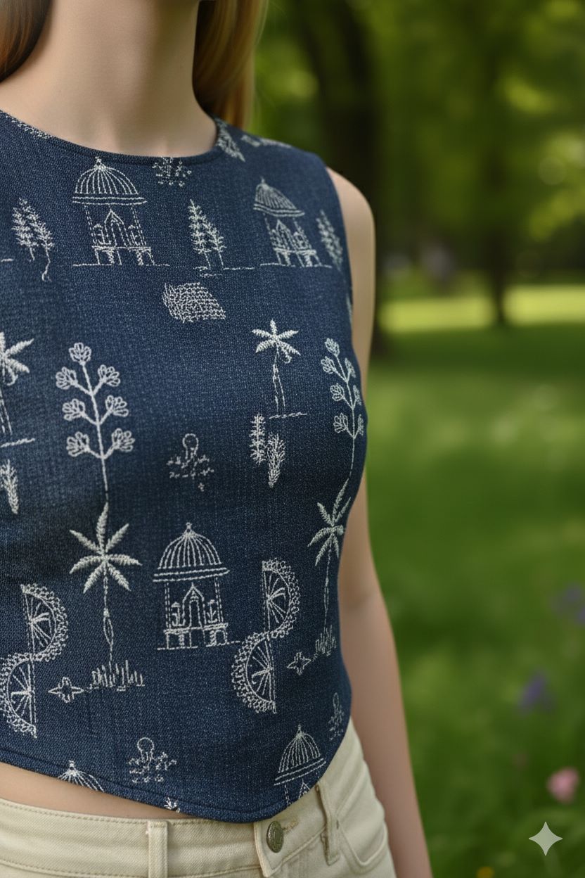Myshka Women Blue Cotton Embroidered Sleeveless Top - Distacart