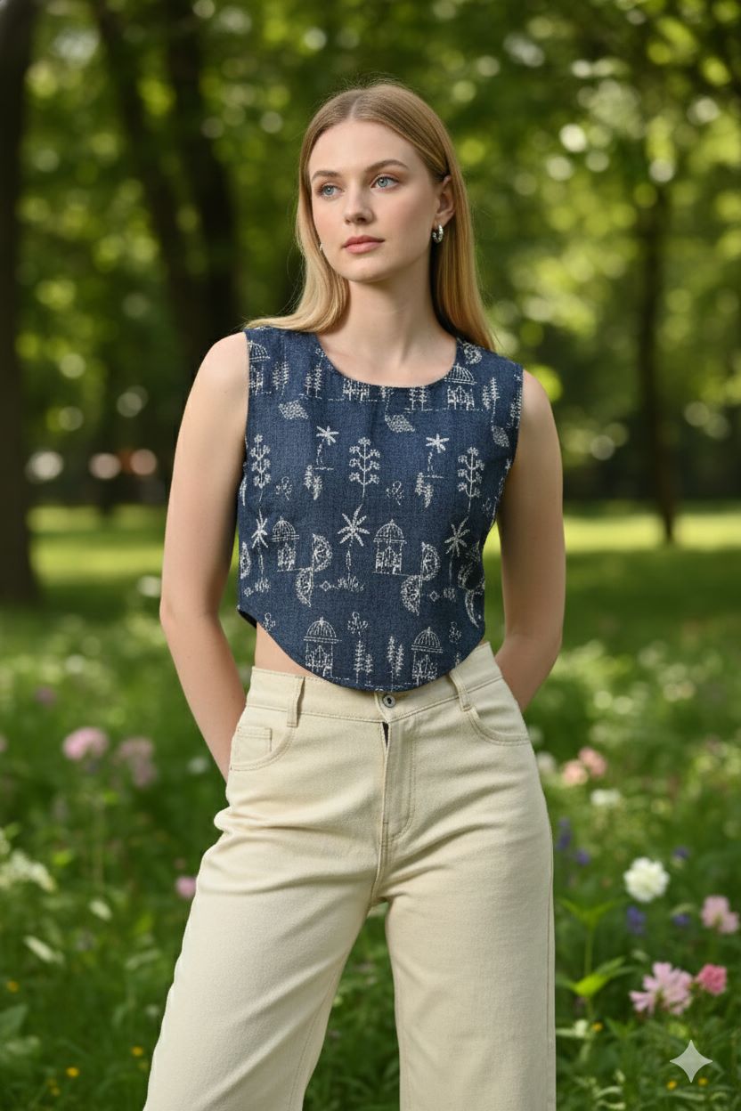 Myshka Women Blue Cotton Embroidered Sleeveless Top - Distacart