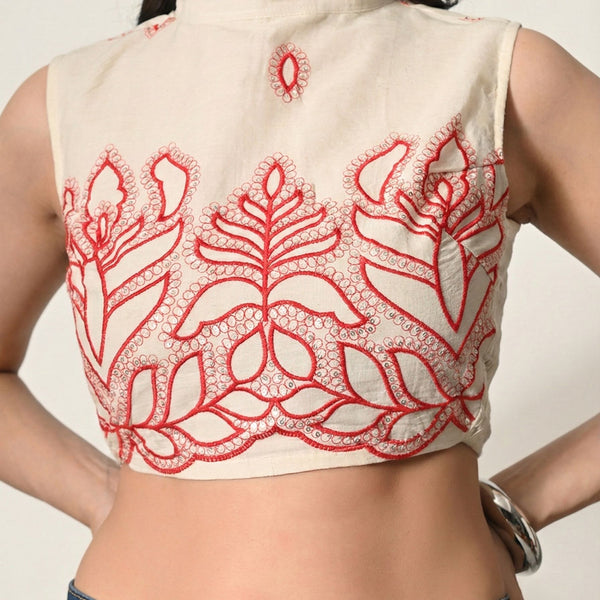 Myshka Women Off White Thread Embroidered Halter Neck Saree Blouse