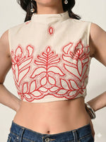 Thumbnail for Myshka Women Off White Thread Embroidered Halter Neck Saree Blouse
