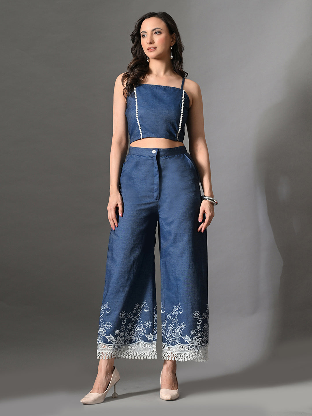 Myshka Women Blue Embellished Crop Top and Laced Trouser Co-ord Set - Distacart