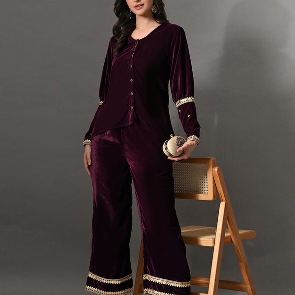 Myshka Women Wine Velvet Shirt Embroidered Full Sleeves with Flared Trouser Co-ord Set - Distacart