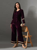 Thumbnail for Myshka Women Wine Velvet Shirt Embroidered Full Sleeves with Flared Trouser Co-ord Set - Distacart
