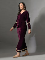 Thumbnail for Myshka Women Wine Velvet Shirt Embroidered Full Sleeves with Flared Trouser Co-ord Set - Distacart