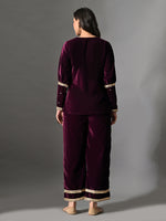 Thumbnail for Myshka Women Wine Velvet Shirt Embroidered Full Sleeves with Flared Trouser Co-ord Set - Distacart