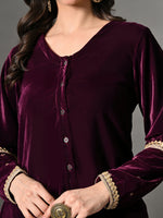 Thumbnail for Myshka Women Wine Velvet Shirt Embroidered Full Sleeves with Flared Trouser Co-ord Set - Distacart