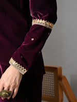 Thumbnail for Myshka Women Wine Velvet Shirt Embroidered Full Sleeves with Flared Trouser Co-ord Set - Distacart