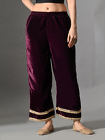 Thumbnail for Myshka Women Wine Velvet Shirt Embroidered Full Sleeves with Flared Trouser Co-ord Set - Distacart