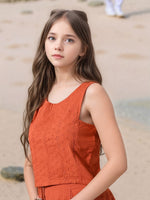 Thumbnail for Myshka Girls Rust Pure Cotton Sleeveless Schiffli Top and Flared Skirt