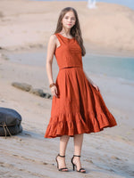 Thumbnail for Myshka Girls Rust Pure Cotton Sleeveless Schiffli Top and Flared Skirt