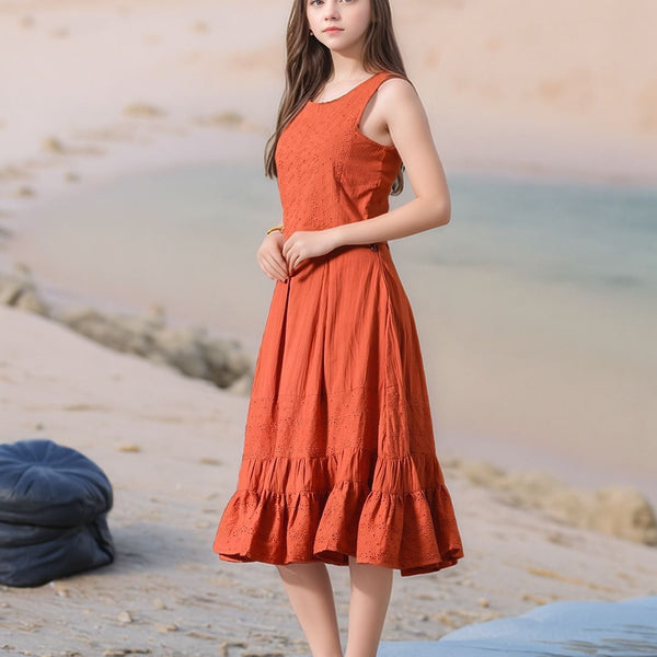 Myshka Girls Rust Pure Cotton Sleeveless Schiffli Top and Flared Skirt