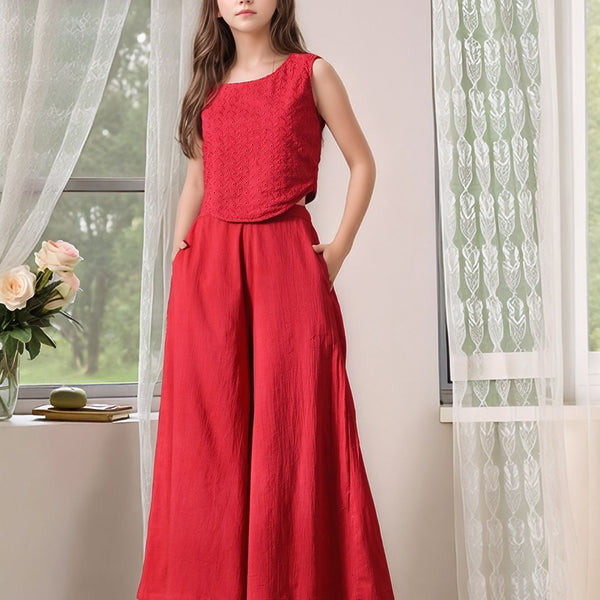 Myshka Girls Maroon Pure Cotton Sleeveless Schiffli Top with Flared Trouser