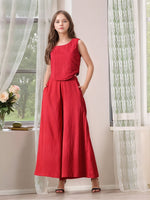 Thumbnail for Myshka Girls Maroon Pure Cotton Sleeveless Schiffli Top with Flared Trouser