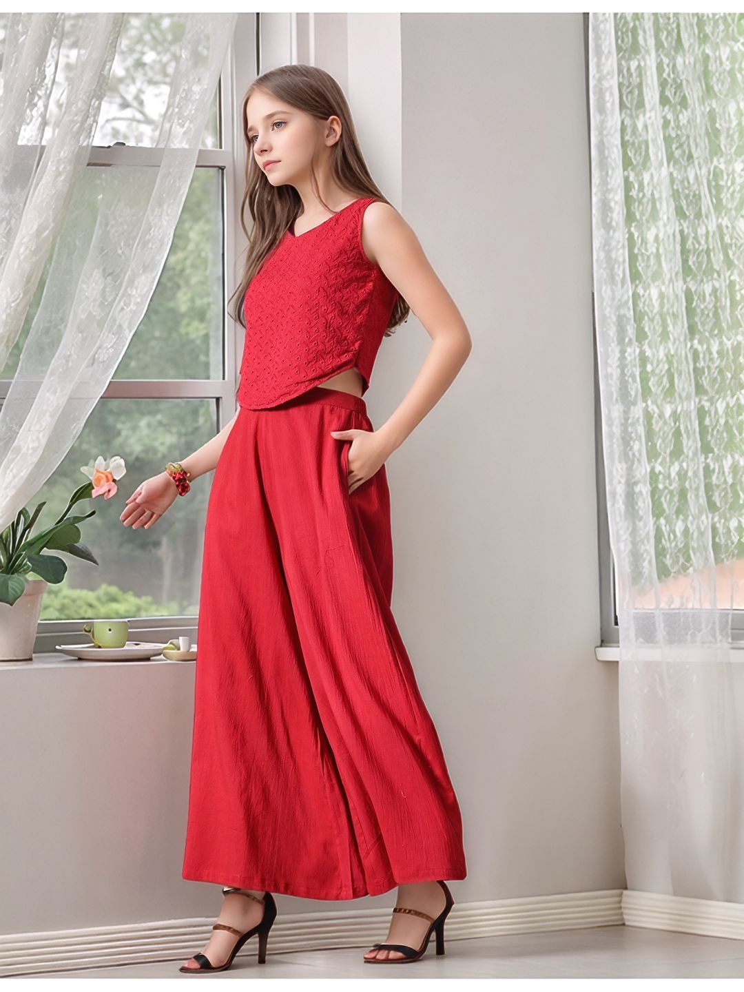 Myshka Girls Maroon Pure Cotton Sleeveless Schiffli Top with Flared Trouser - Distacart
