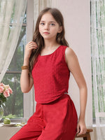 Thumbnail for Myshka Girls Maroon Pure Cotton Sleeveless Schiffli Top with Flared Trouser
