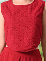 Thumbnail for Myshka Girls Maroon Pure Cotton Sleeveless Schiffli Top with Flared Trouser