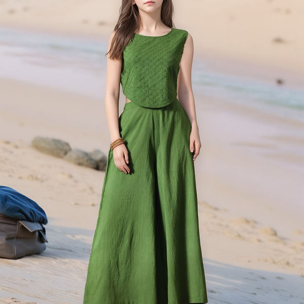 Myshka Girls Green Pure Cotton Sleeveless Schiffli Top with Flared Trouser