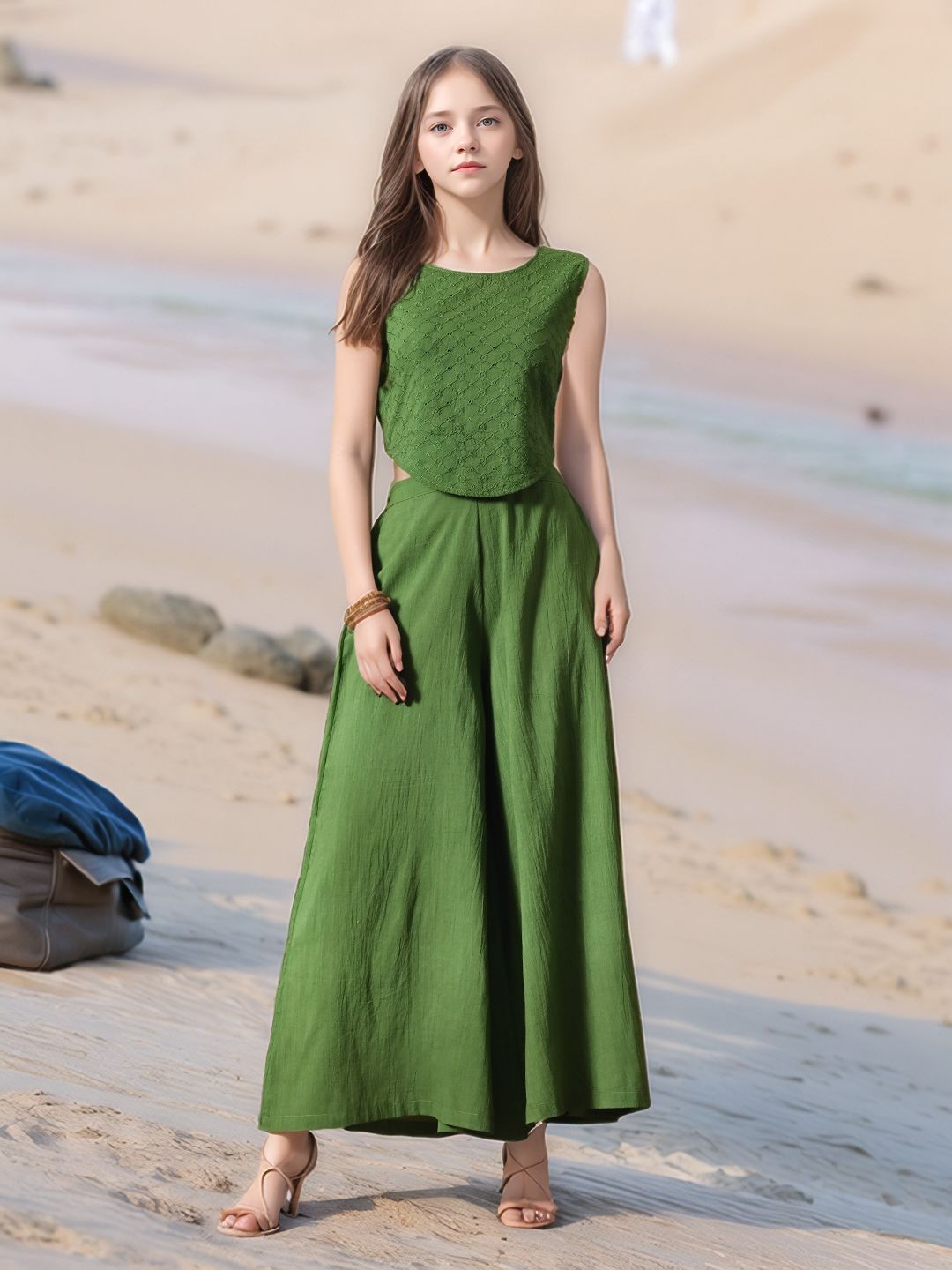 Myshka Girls Green Pure Cotton Sleeveless Schiffli Top with Flared Trouser - Distacart