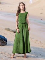 Thumbnail for Myshka Girls Green Pure Cotton Sleeveless Schiffli Top with Flared Trouser