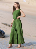 Thumbnail for Myshka Girls Green Pure Cotton Sleeveless Schiffli Top with Flared Trouser