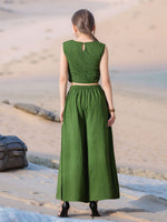Thumbnail for Myshka Girls Green Pure Cotton Sleeveless Schiffli Top with Flared Trouser
