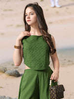 Thumbnail for Myshka Girls Green Pure Cotton Sleeveless Schiffli Top with Flared Trouser