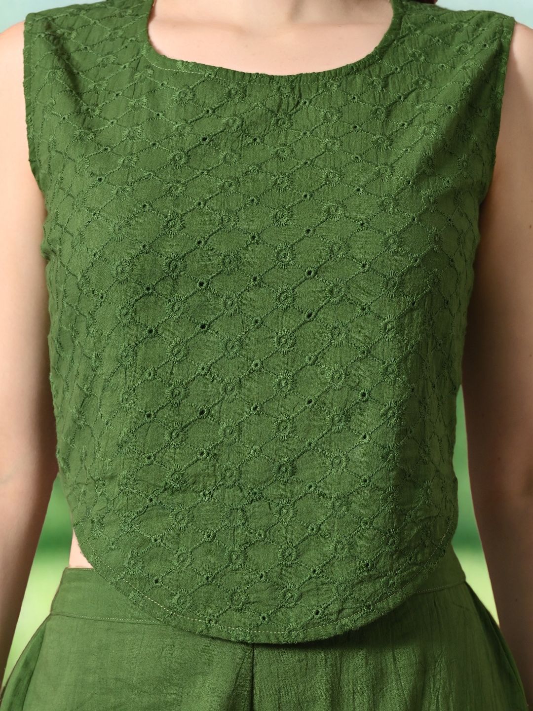 Myshka Girls Green Pure Cotton Sleeveless Schiffli Top with Flared Trouser - Distacart