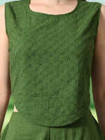 Thumbnail for Myshka Girls Green Pure Cotton Sleeveless Schiffli Top with Flared Trouser