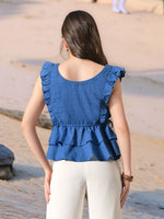 Thumbnail for Myshka Girl Blue Pure Cotton Schiffli Flared Sleeves Tiered Top