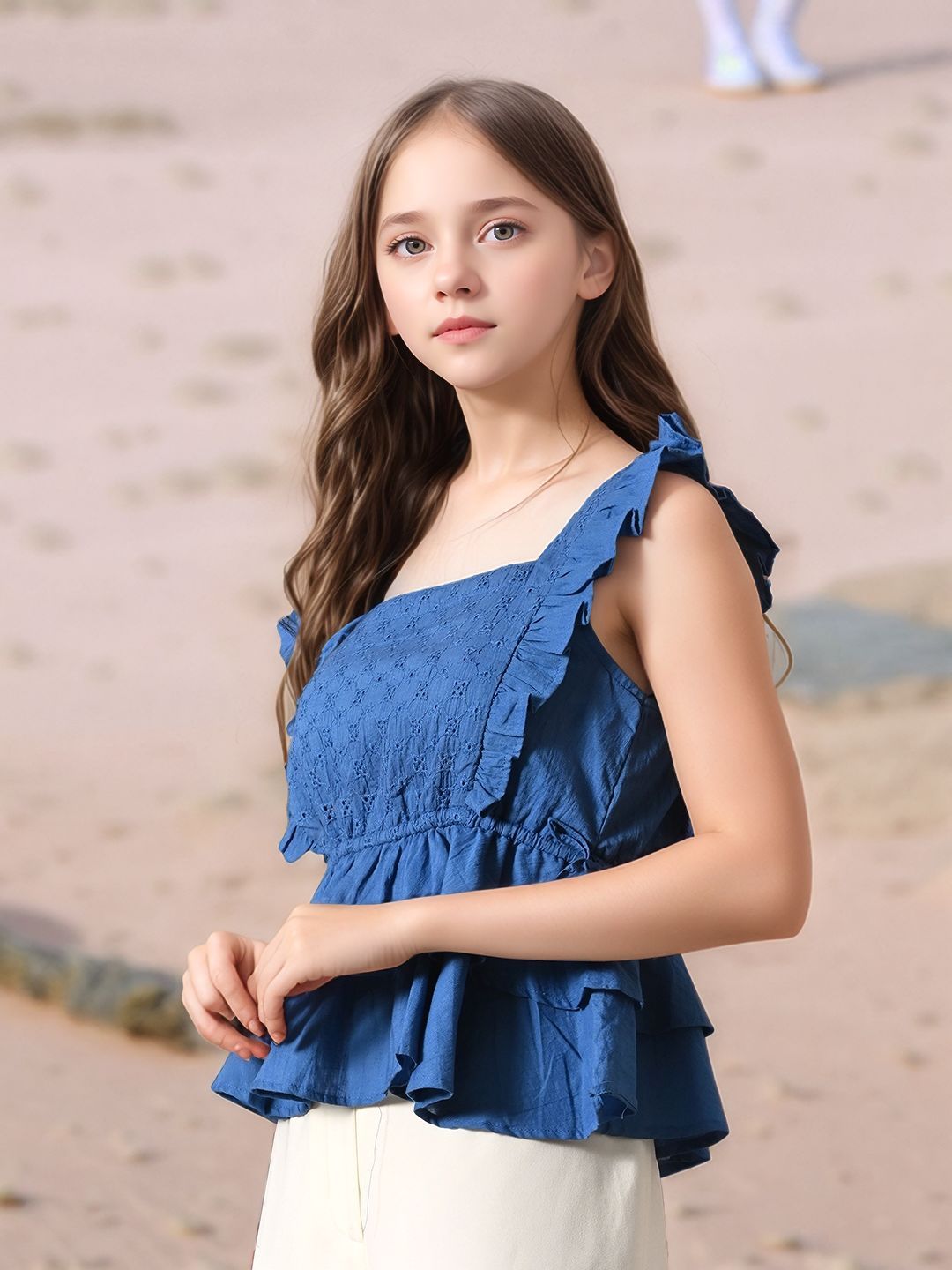 Myshka Girl Blue Pure Cotton Schiffli Flared Sleeves Tiered Top - Distacart
