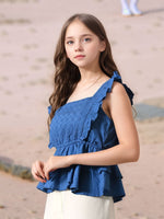 Thumbnail for Myshka Girl Blue Pure Cotton Schiffli Flared Sleeves Tiered Top