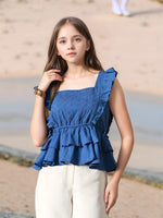 Thumbnail for Myshka Girl Blue Pure Cotton Schiffli Flared Sleeves Tiered Top