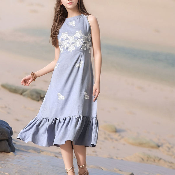 Myshka Girls Linen Cotton Embroidered Maxi Dress
