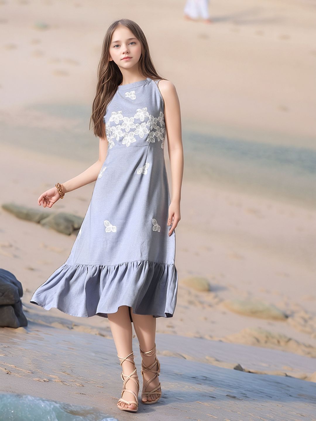 Myshka Girls Linen Cotton Embroidered Maxi Dress - Distacart