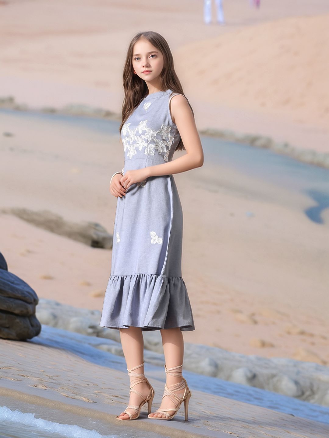 Myshka Girls Linen Cotton Embroidered Maxi Dress - Distacart
