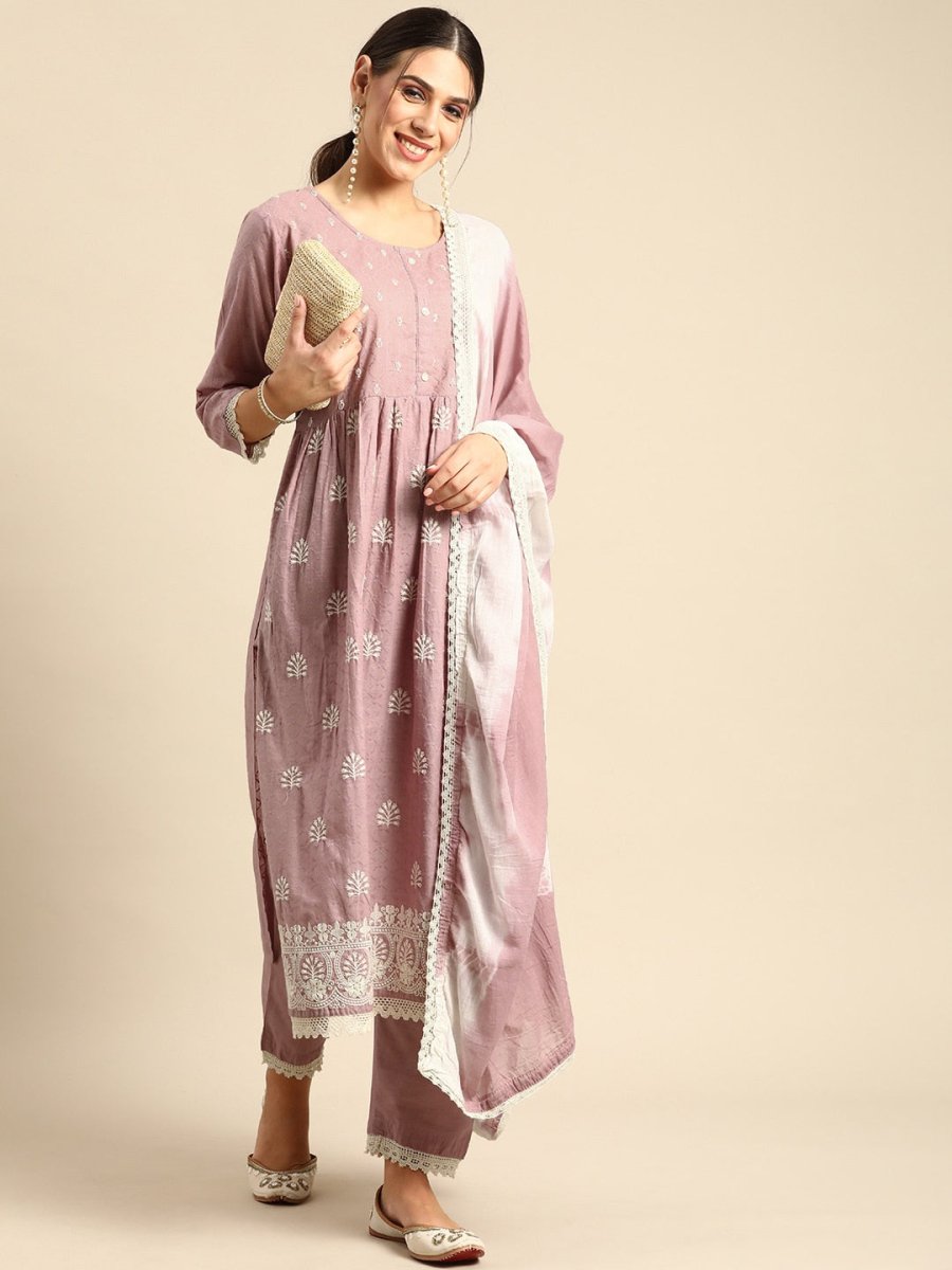 Anouk Mauve & Off-White Ethnic Embroidered Cotton Straight Kurta with Trousers Dupatta - Distacart