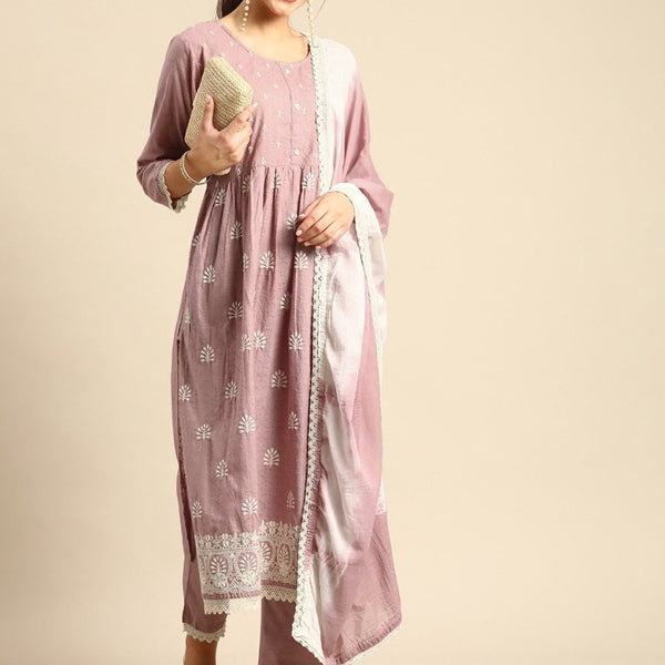 Anouk Mauve & Off-White Ethnic Embroidered Cotton Straight Kurta with Trousers Dupatta - Distacart