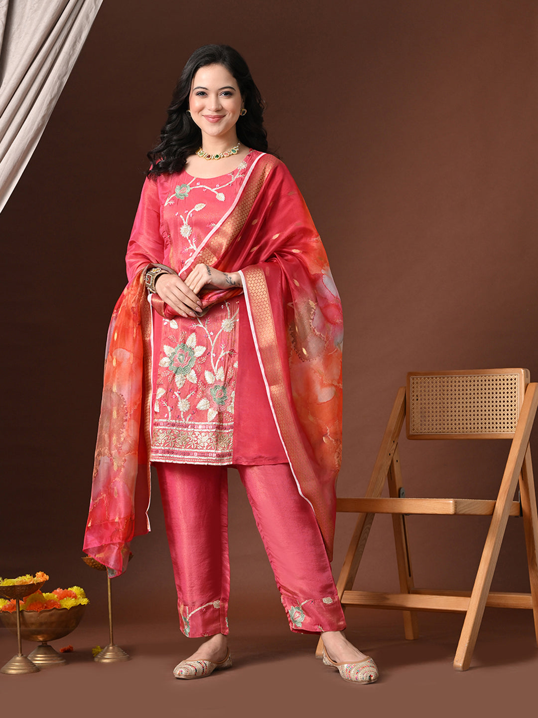 Myshka Women Pink Three-Fourth Bell Sleeves Kurta Set with Dupatta - Distacart