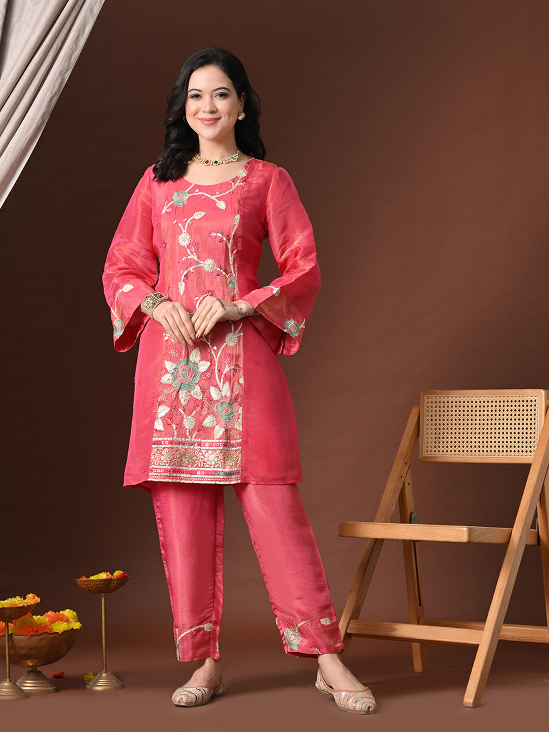 Myshka Women Pink Three-Fourth Bell Sleeves Kurta Set with Dupatta - Distacart