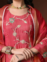 Thumbnail for Myshka Women Pink Three-Fourth Bell Sleeves Kurta Set with Dupatta - Distacart