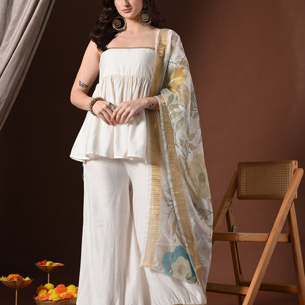 Myshka Women White Longline Sleeveless Kurta with Trouser & Dupatta - Distacart