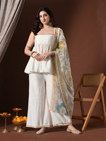 Thumbnail for Myshka Women White Longline Sleeveless Kurta with Trouser & Dupatta - Distacart