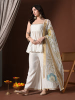 Thumbnail for Myshka Women White Longline Sleeveless Kurta with Trouser & Dupatta - Distacart